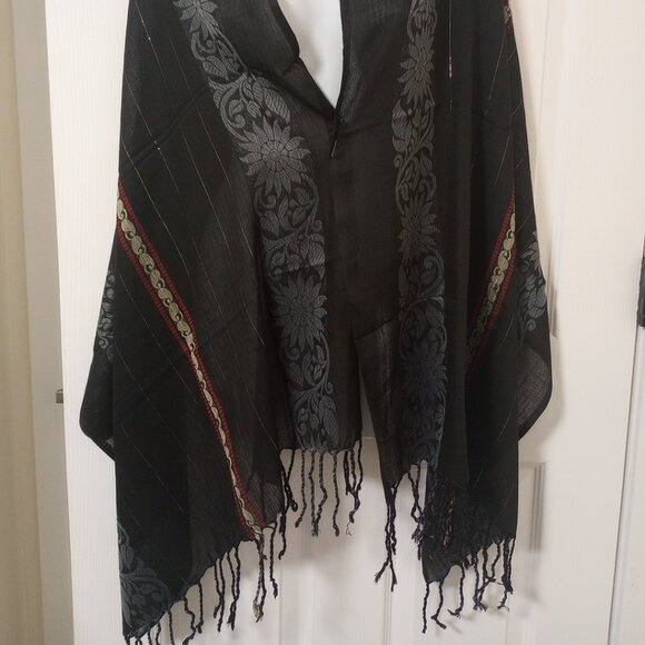 Black Stole Scarf Grey Red Floral Paisley Embroidery - Picture 6 of 6
